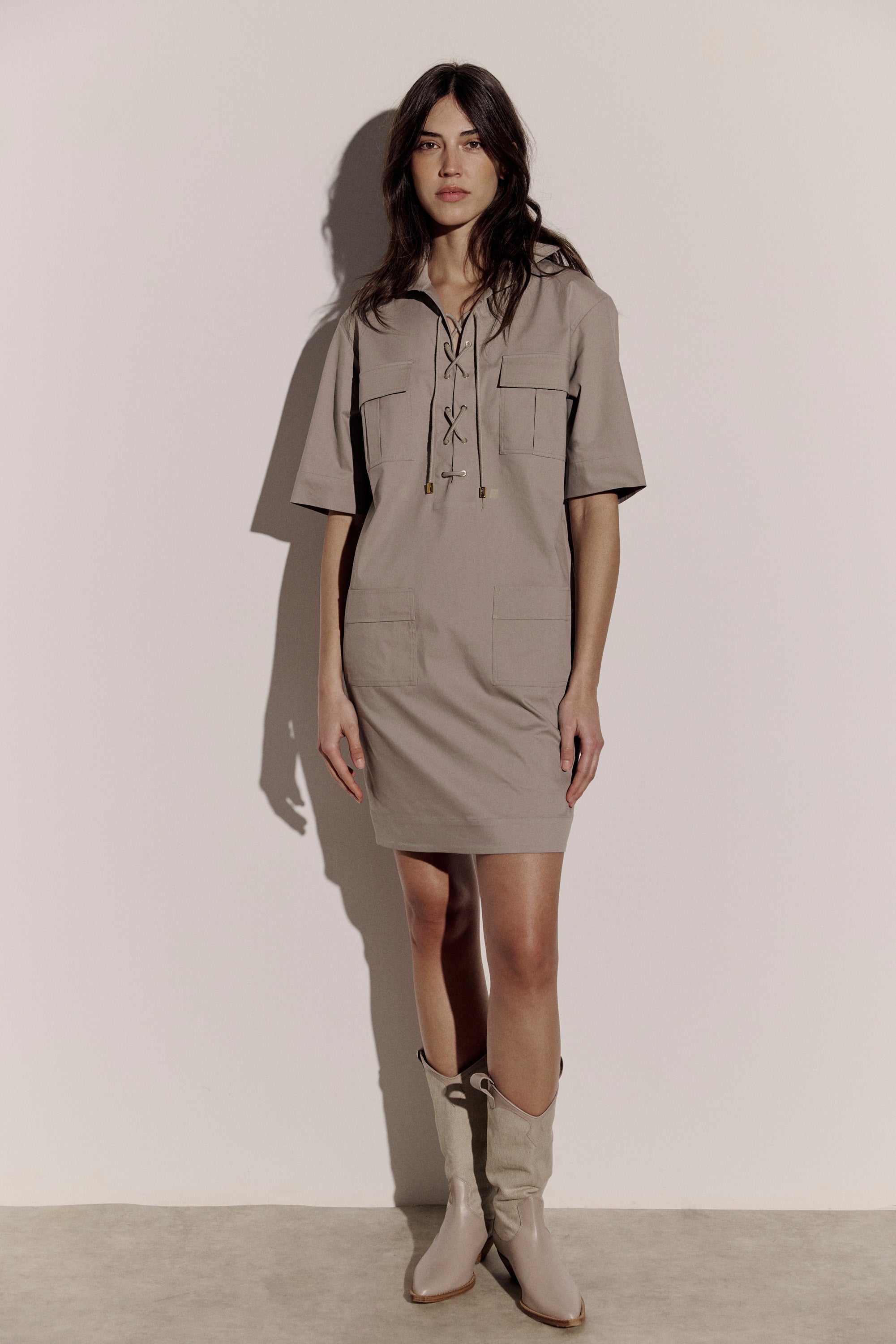 Laced neckline shirt dress