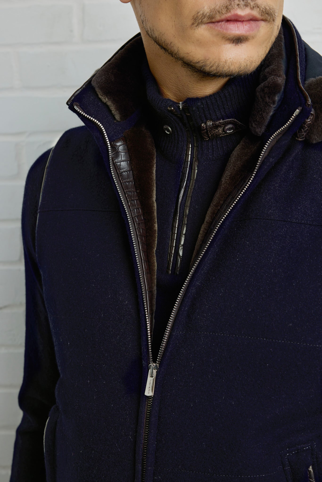 ELVIS Hooded vest in Ultimum cashmere® felt, mink lining and ultra light alligator details