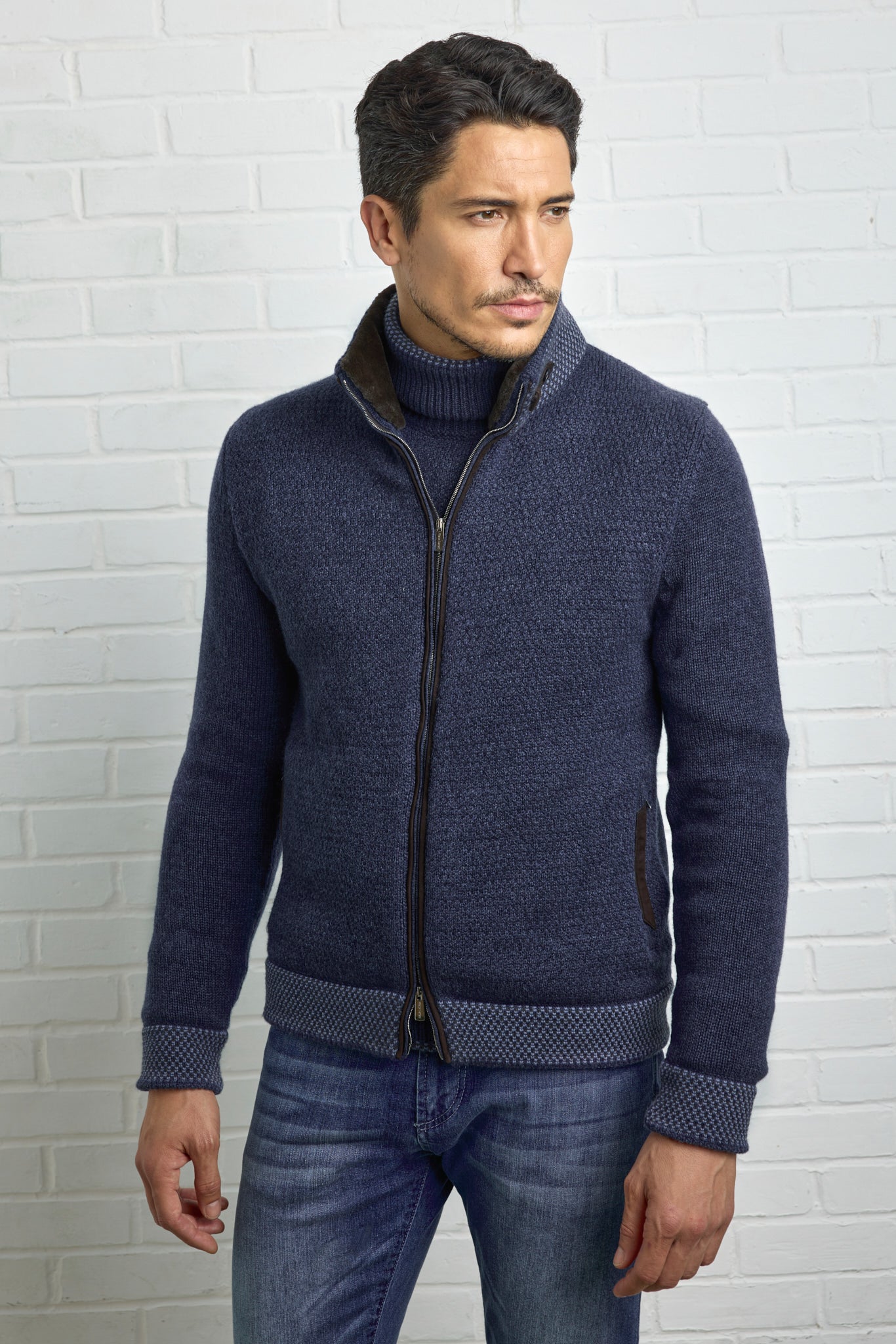 Ultimum cashmere® cardigan, high collar lined with mink and Jacquard details