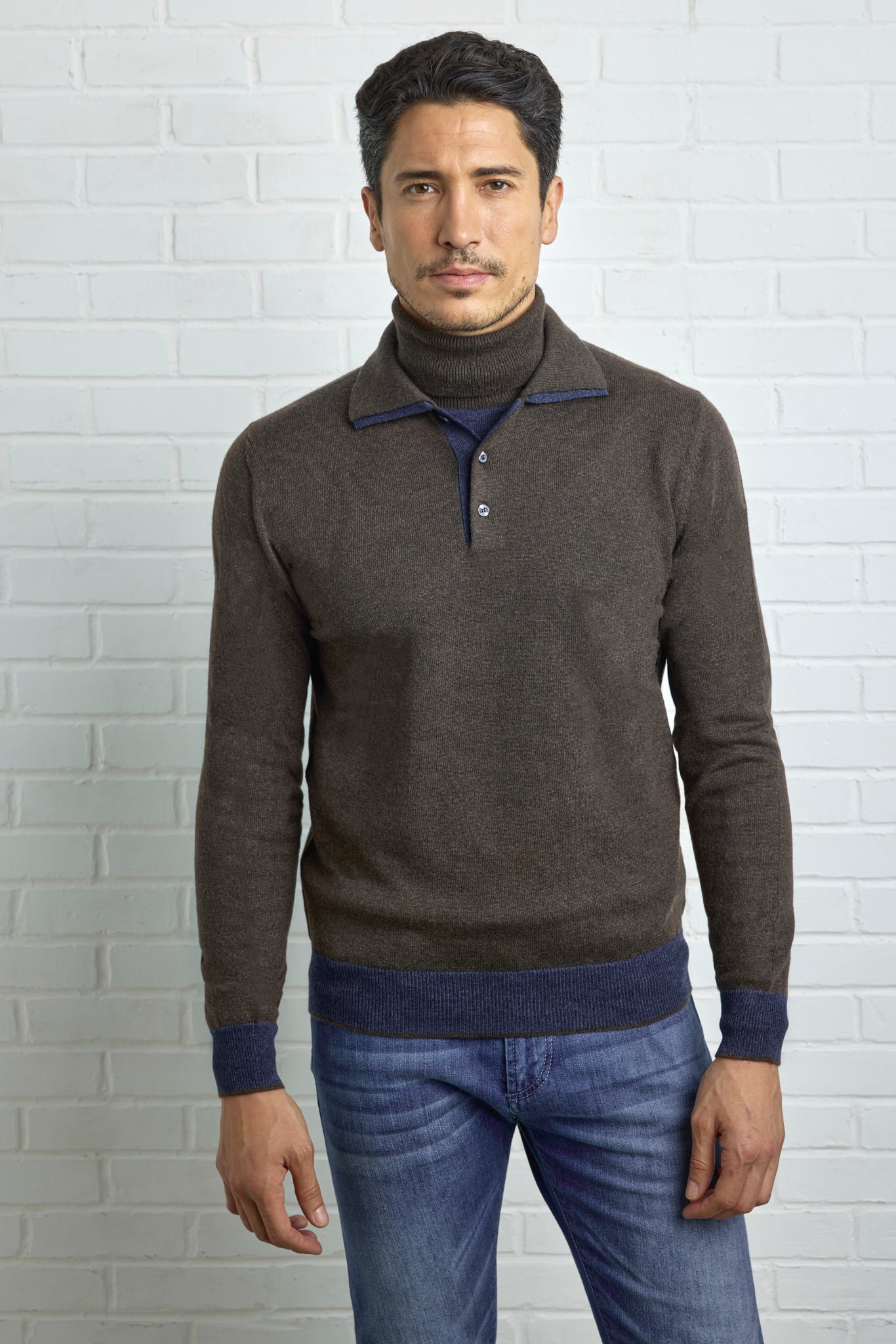 Pull bicolore double col polo souple en Ultimum cashmere®