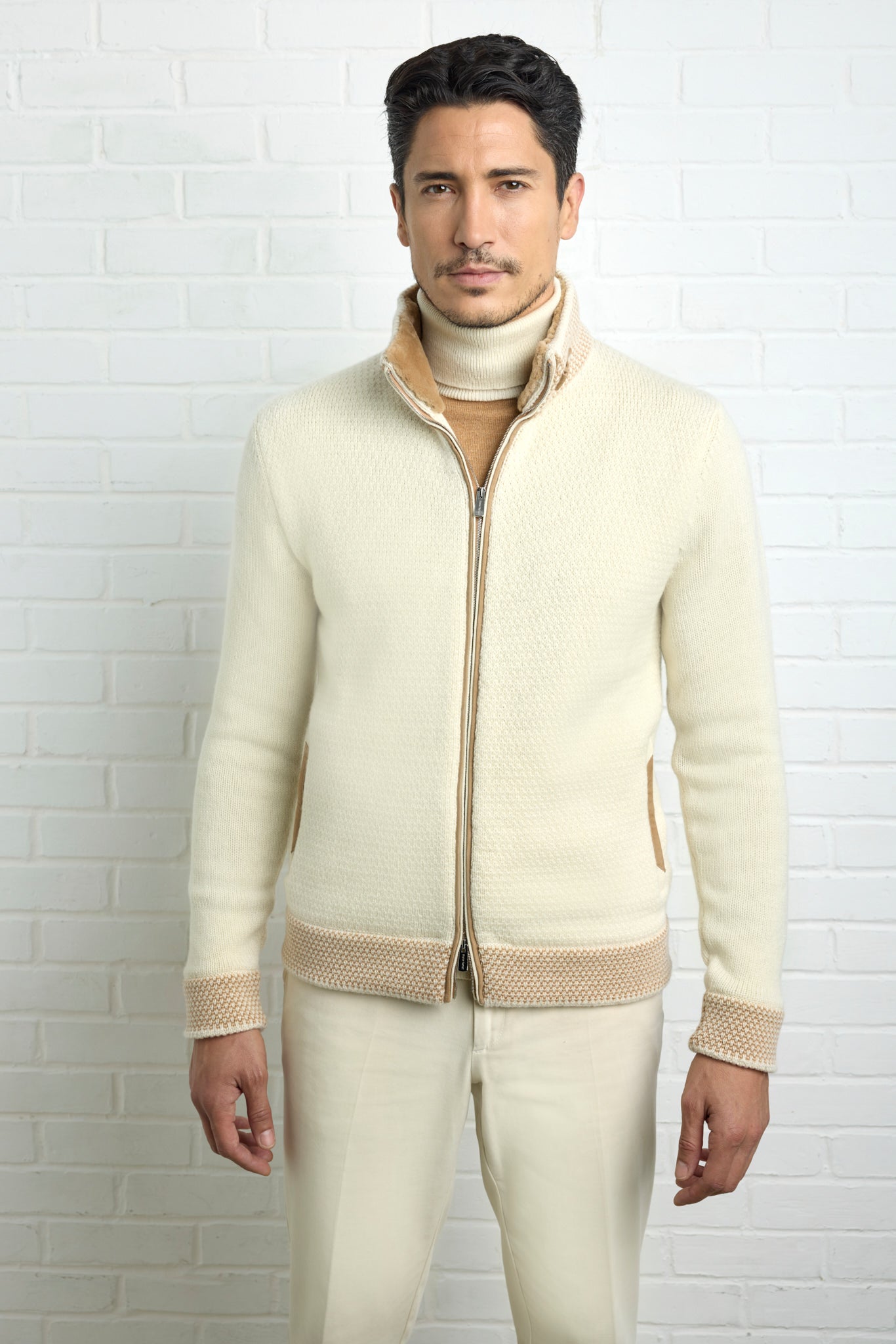 Ultimum cashmere® cardigan, high collar lined with mink and Jacquard details