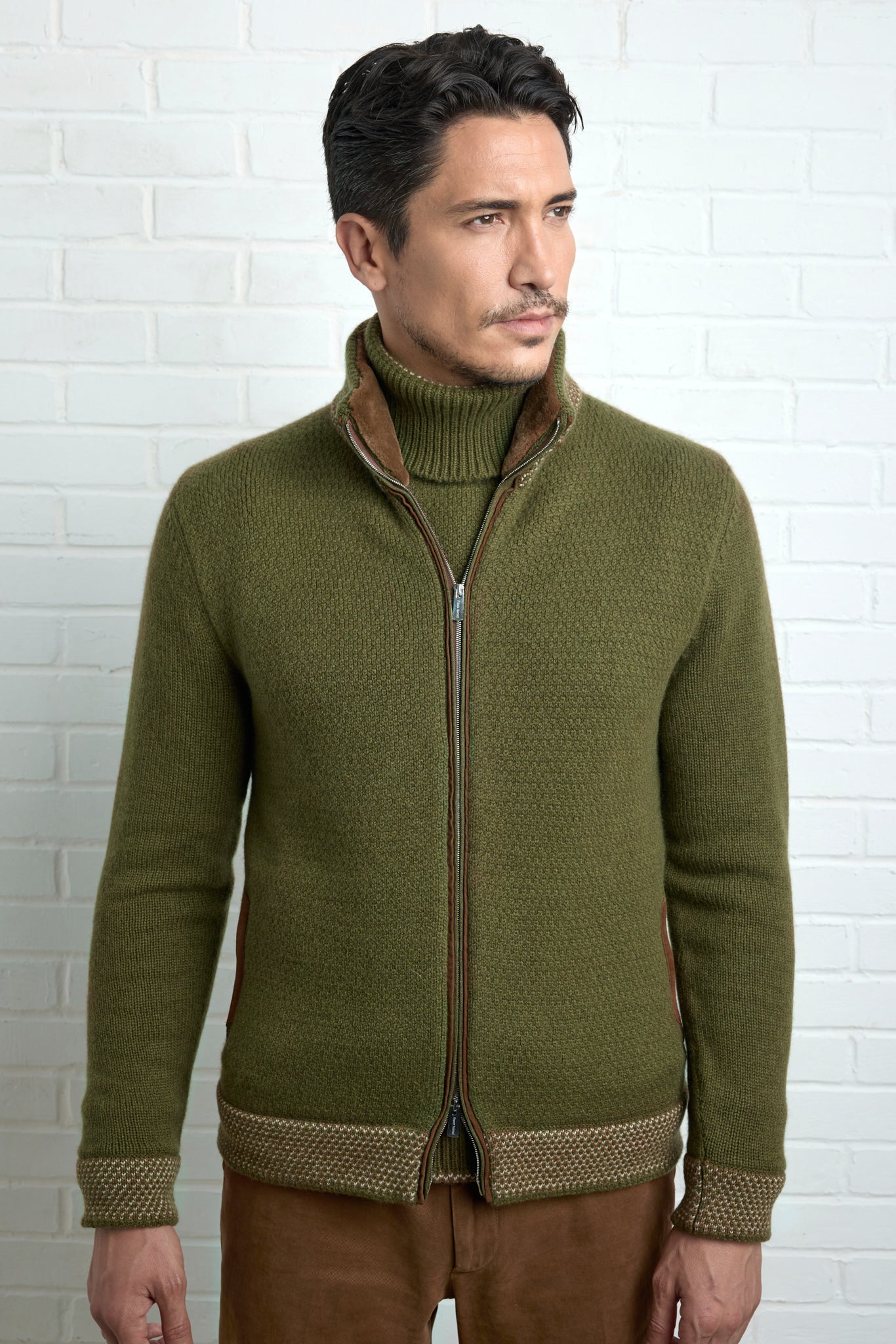 Ultimum cashmere® cardigan, high collar lined with mink and Jacquard details